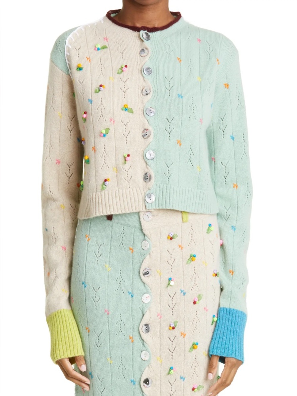 YanYan Mint & Cream Embroidered Rosie Pointelle Wool Cardigan large